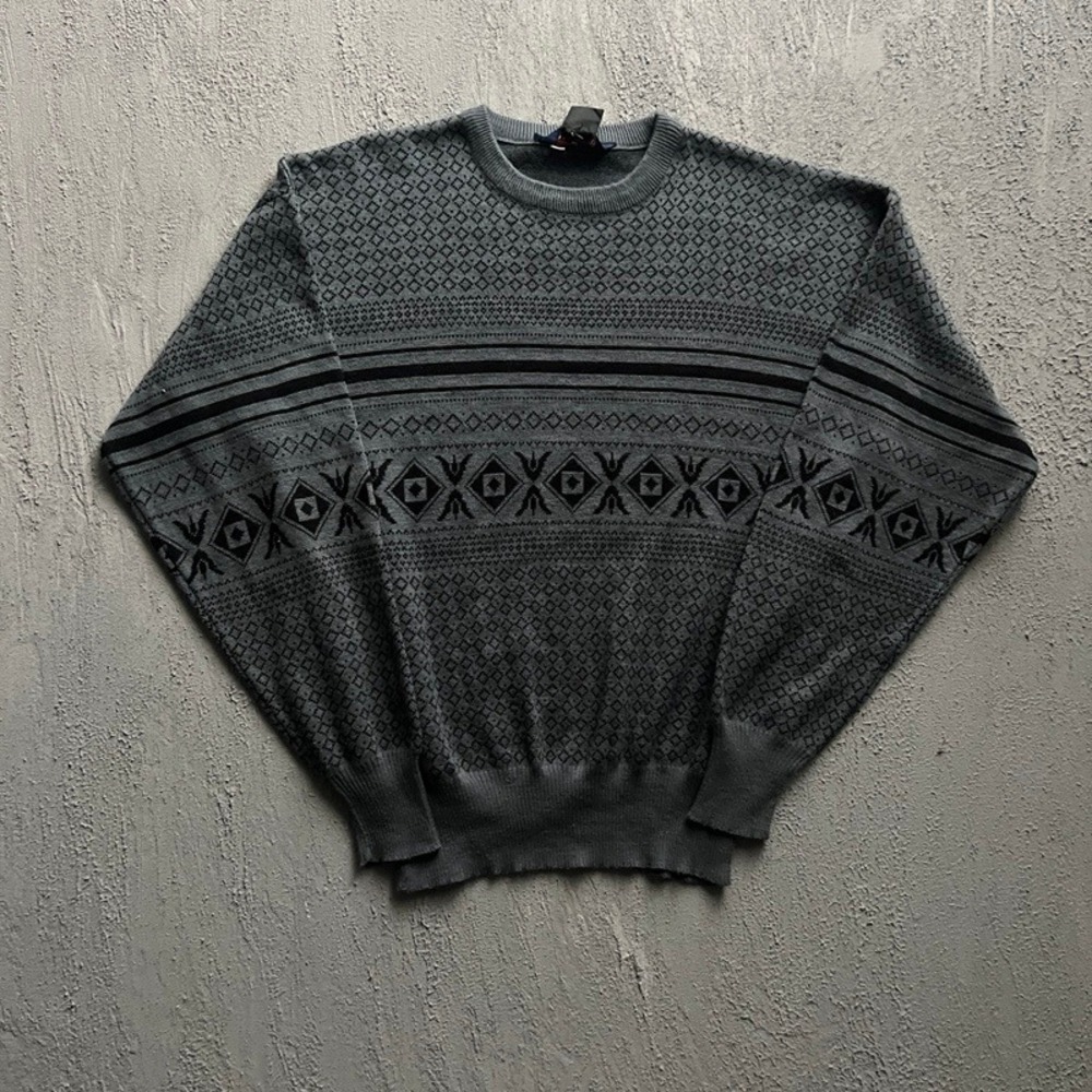 Vintage Herman's Sweater Large Gray 1980s Geometric Wool Striped